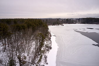 Aerial view of frozen lake and snowy forest in winter