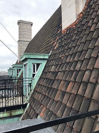Weathered terracotta roof tiles and green dormer windows