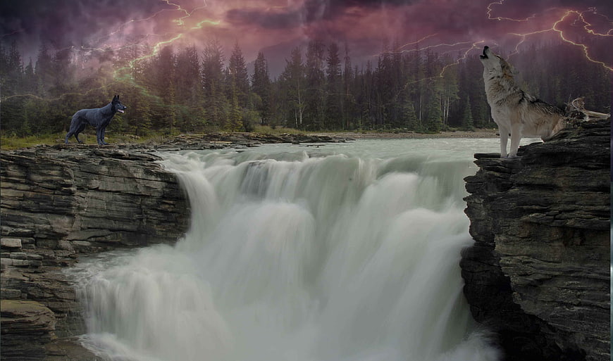Two wolves howling at a waterfall during a lightning storm