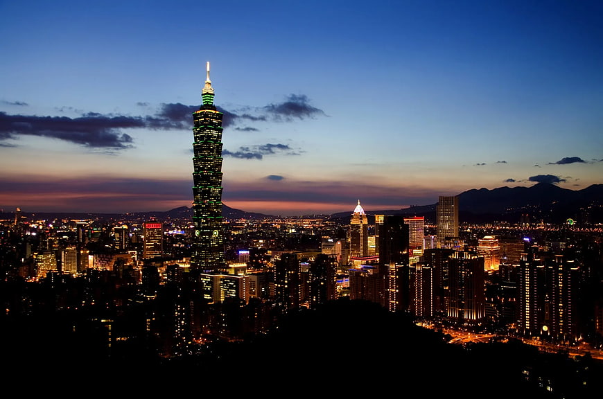 Taipei 101 Skyline at Dusk with City Lights