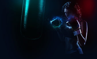 Female boxer training with dramatic neon lighting and smoke effects