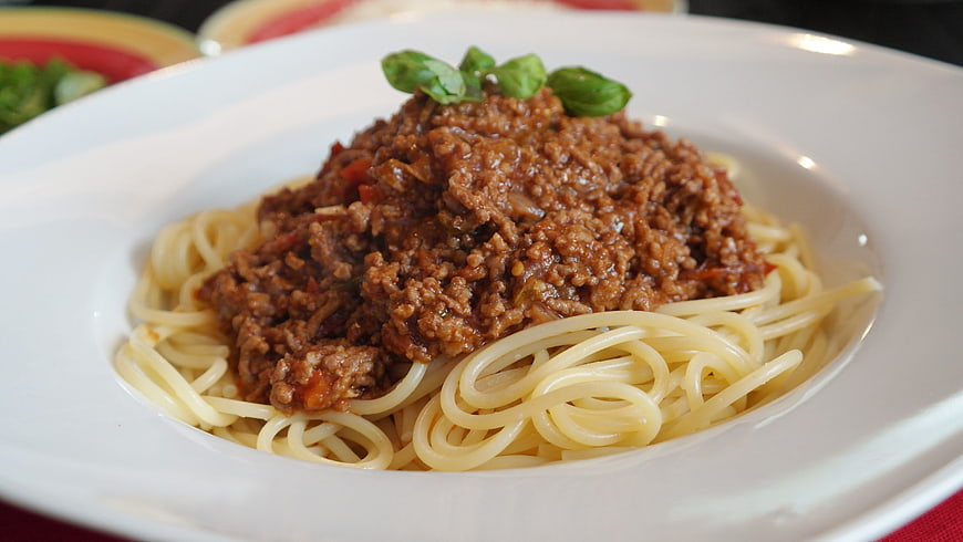 Spaghetti Bolognese with Fresh Basil Garnish