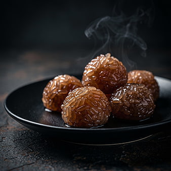 Steaming Glazed Rice Balls on Black Plate