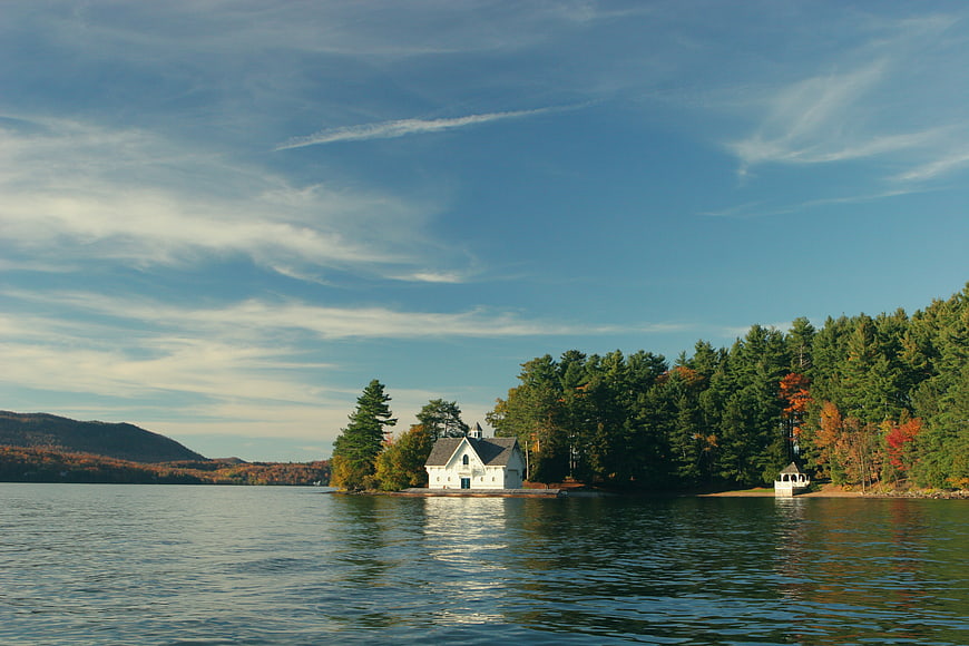 White Chapel on Lake Island in Autumn
