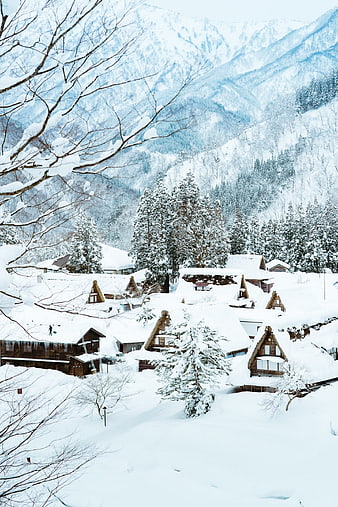 Snow-covered traditional village in mountain valley winter