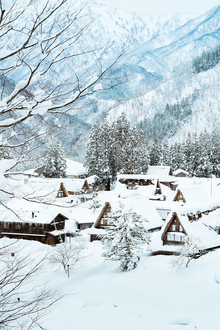 Snow-covered traditional village in mountain valley winter
