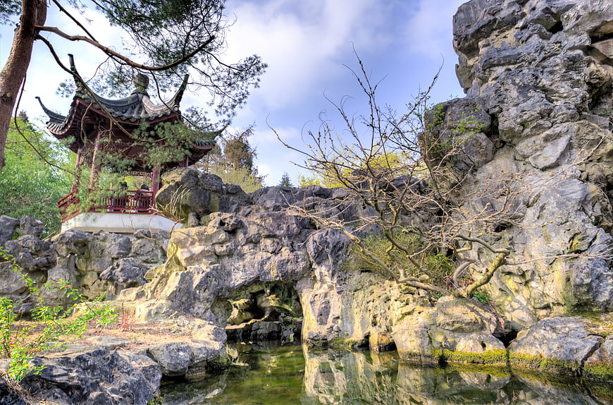 Traditional Chinese Pavilion in Classical Garden with Rockery
