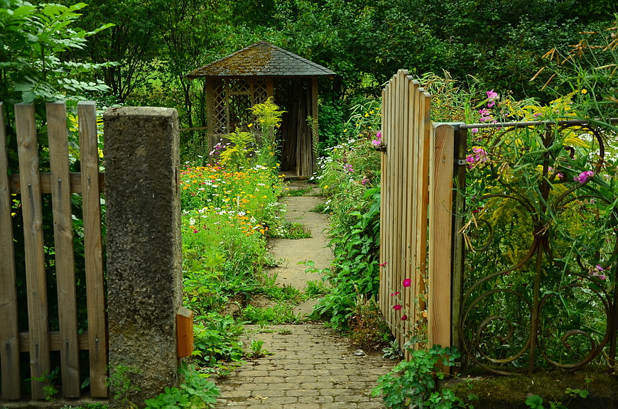 Rustic Garden Path Leading to Wooden Gazebo