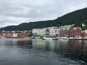 Colorful historic buildings along Bergen harbor waterfront Norway