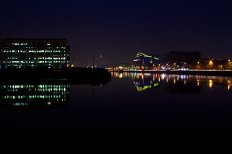 Dublin City Skyline at Night with River Reflections