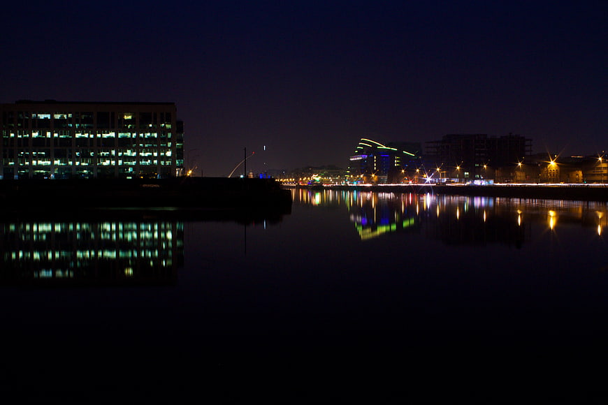 Dublin City Skyline at Night with River Reflections