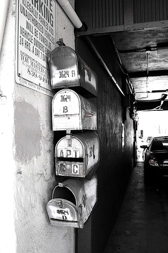 Stacked Apartment Mailboxes in Black and White