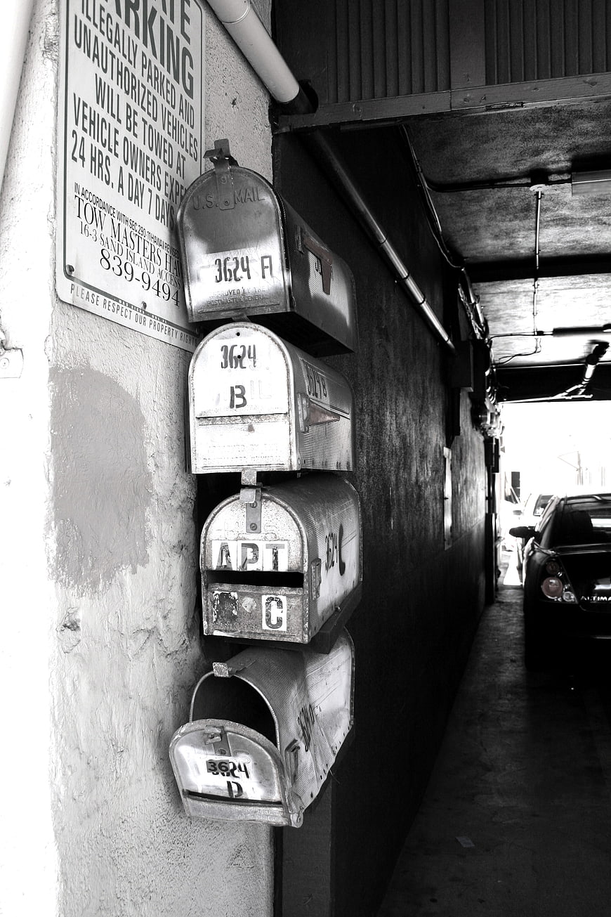 Stacked Apartment Mailboxes in Black and White