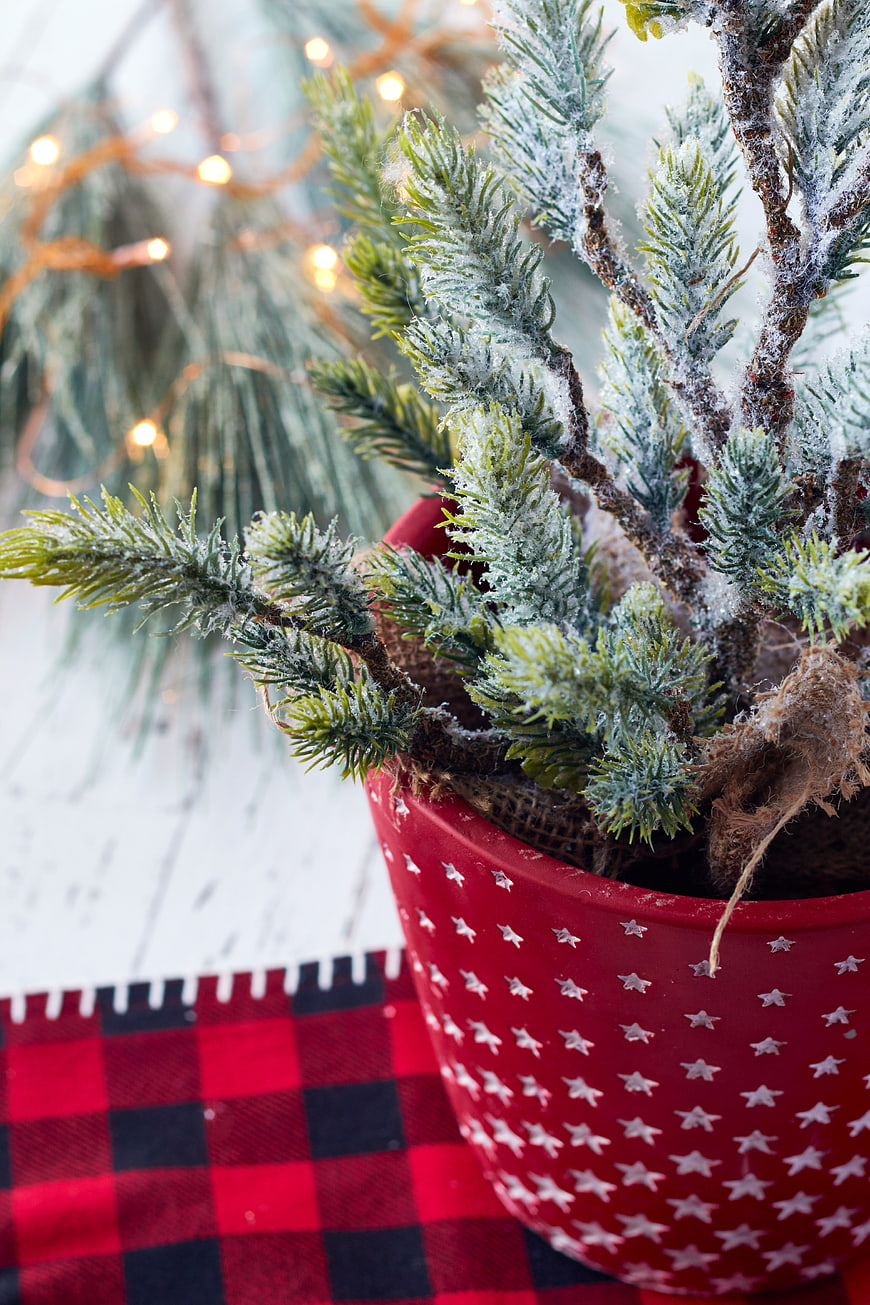Frosted Mini Christmas Tree in Red Pot with Plaid Blanket