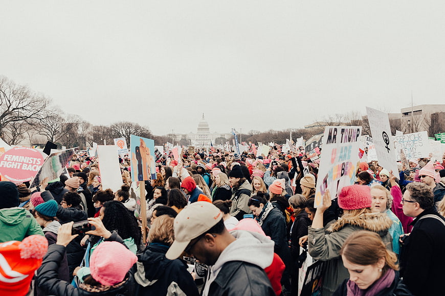 Women's March Protest Crowd with Signs and US Capitol