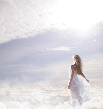 Woman in White Dress Walking on Clouds in Ethereal Fantasy Sky