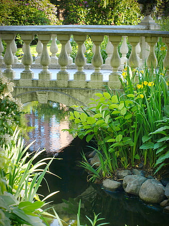 Stone balustrade bridge over garden stream with lush greenery