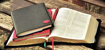 Open Bible with Study Books and Pen on Wooden Bench