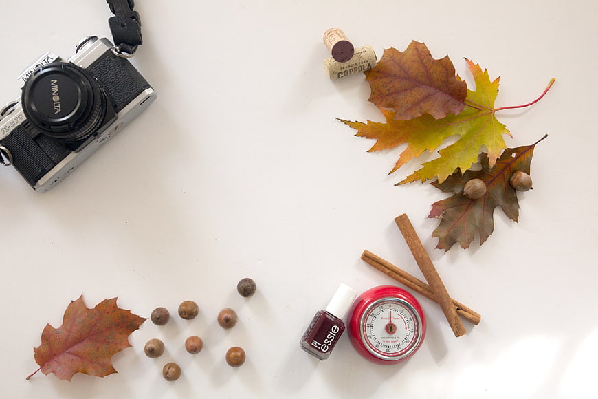 Autumn Flat Lay with Vintage Camera and Fall Leaves