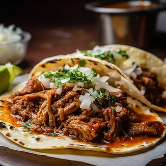 Close-up of savory pulled pork tacos with onions and cilantro