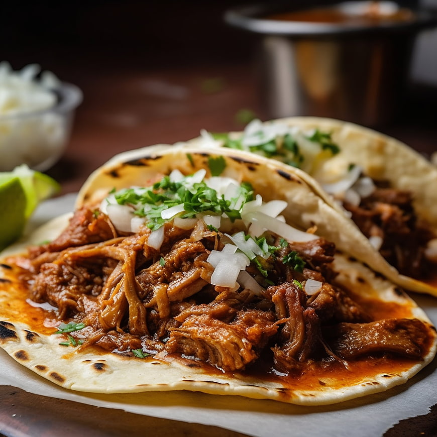 Close-up of savory pulled pork tacos with onions and cilantro