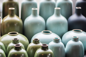 Collection of Matte Ceramic Vases in Green and Blue Tones