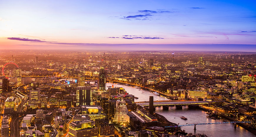 Aerial View of London Skyline at Sunset with Thames River