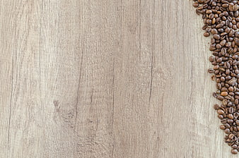 Roasted coffee beans on rustic light wood background with copyspace