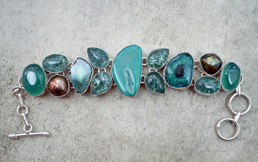 Handmade Sterling Silver Bracelet with Green and Blue Gemstones