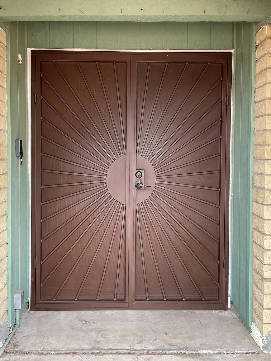 Brown Double Entry Door with Sunburst Design