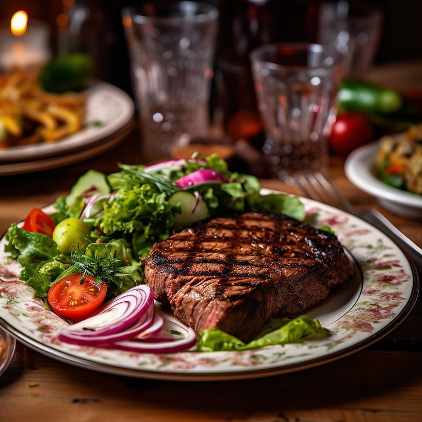 Grilled Steak with Fresh Garden Salad on Rustic Table