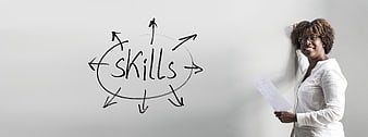 Businesswoman presenting skills concept on whiteboard
