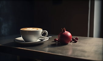 Latte art coffee cup and pomegranate on wooden table