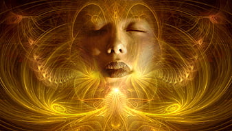 Mystical Woman Face With Golden Fractal Light And Spiritual Energy