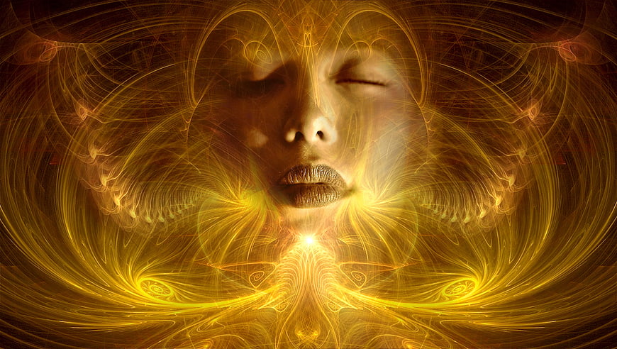 Mystical Woman Face With Golden Fractal Light And Spiritual Energy