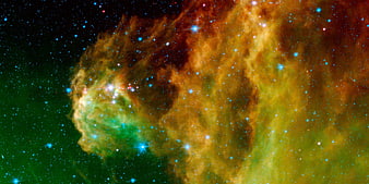 Vibrant Orion Nebula Star Field with Green and Orange Gas Clouds