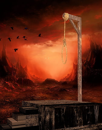 Dark Fantasy Gallows Scene With Hanging Rope And Red Sky