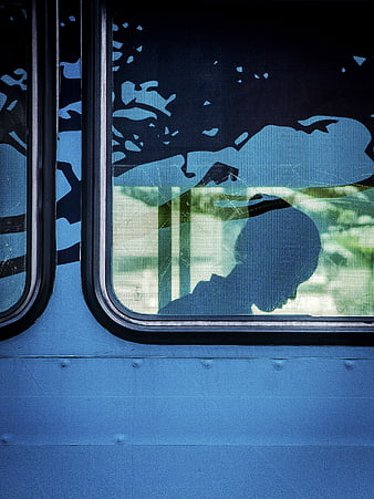 Silhouette of Passenger in Blue Train Window