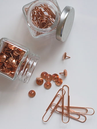 Rose Gold Paper Clips and Push Pins in Glass Jars