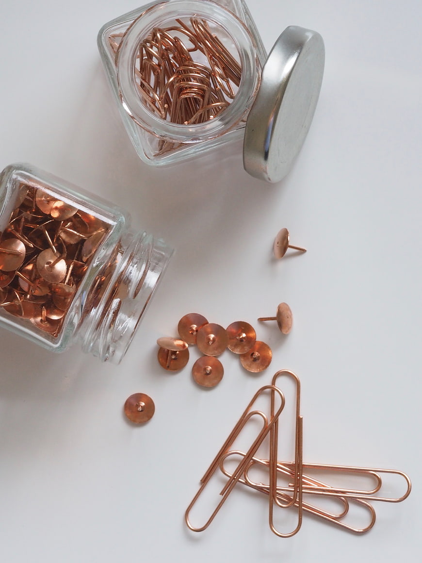 Rose Gold Paper Clips and Push Pins in Glass Jars