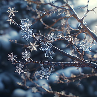 Macro Close-Up of Intricate Snowflakes on Frosty Branches