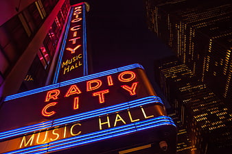Radio City Music Hall Neon Sign at Night