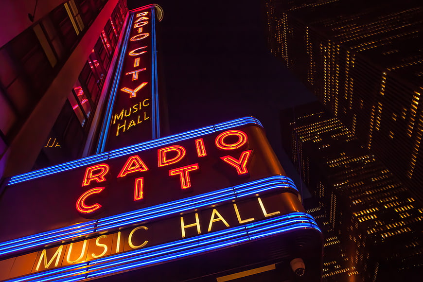 Radio City Music Hall Neon Sign at Night