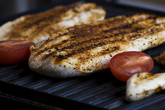 Grilled Chicken Breast and Tomatoes on Pan