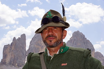 Portrait of a man in a World War I Italian military uniform in the Dolomites