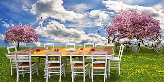 Spring Meadow Picnic Setup With Horse-Drawn Carriage And Blossoming Trees