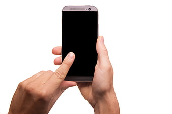 Hands holding smartphone with black screen on white background