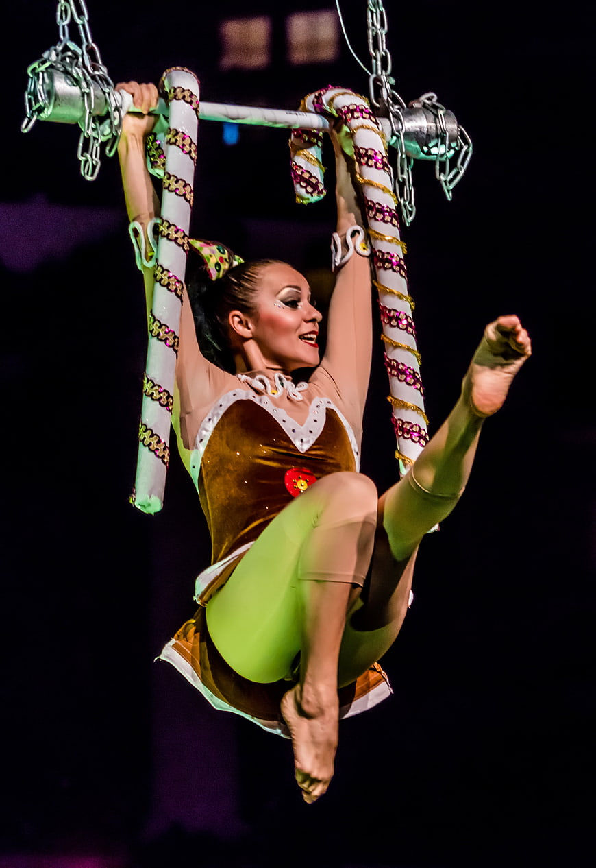 Female aerialist performing dynamic trapeze swing in gold costume