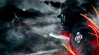 Dark Fantasy Soldier in Gas Mask with Futuristic War Background