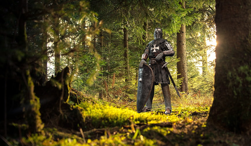 Medieval Knight in Armor Standing in Sunlit Forest